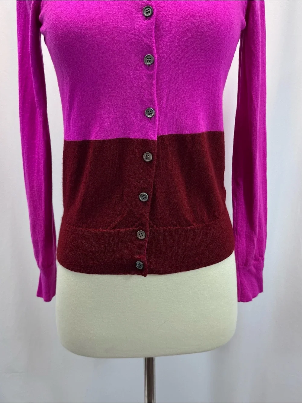 J. Crew Two-Tone Button-Front Cardigan Fuchsia S Wool Burgundy Preppy Luxury